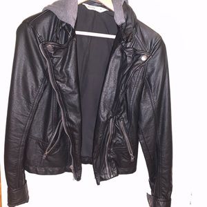 Black Faux Leather Jacket With Removable Hood